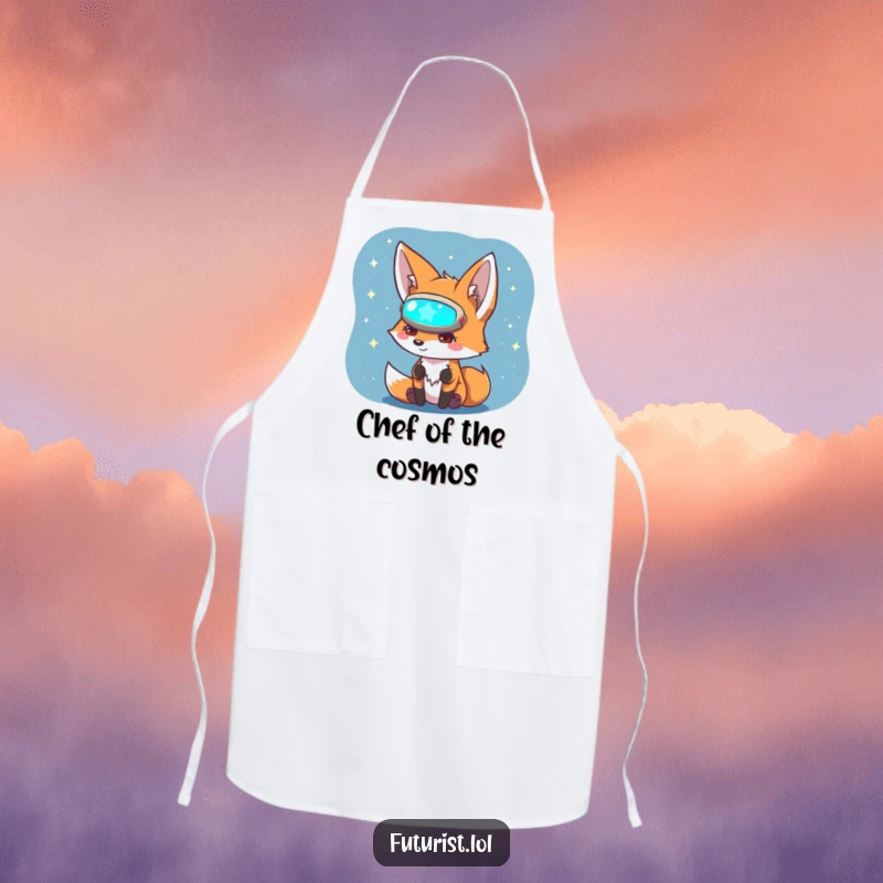 Funny Fox Sci-Fi Apron: A curious fox character in a visor explores a holographic star map while you cook up funny meals.