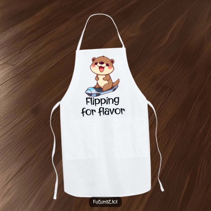Funny apron featuring a cheerful otter with a joyful grin, riding a futuristic hoverboard, ideal for kitchen adventures with flair.