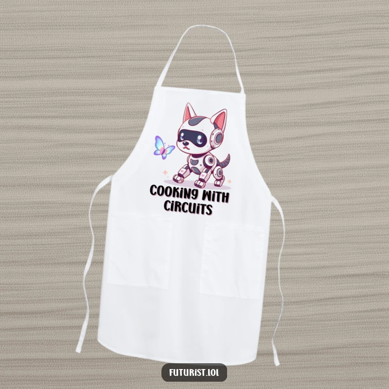 Funny robot dog apron, a playful robot dog with glowing antennae chasing a holographic butterfly, perfect for kitchen fun with tech humor.