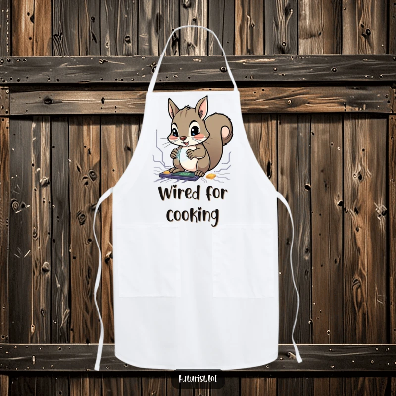 Funny Squirrel Genius Apron: A determined squirrel character manipulates glowing circuits with tiny paws while you create funny culinary masterpieces.