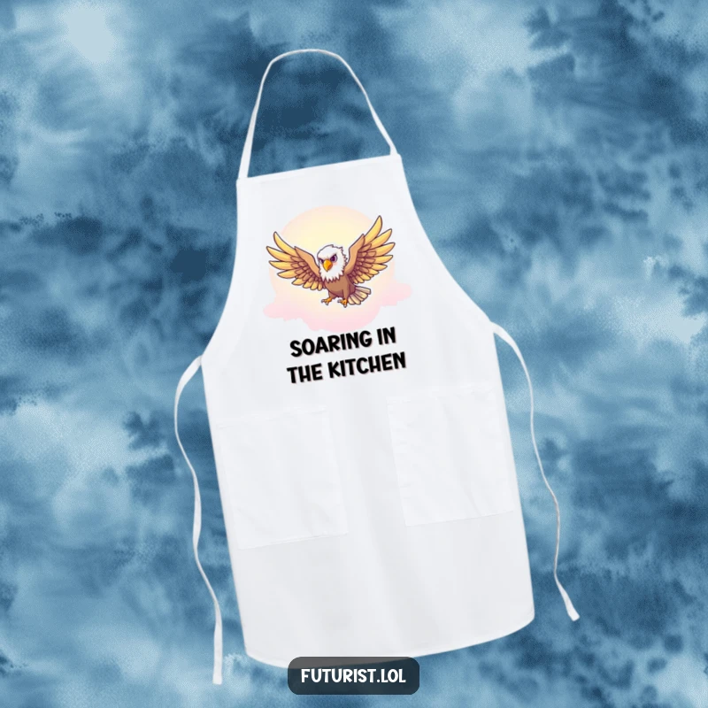 Funny Eagle Freedom Apron: A majestic eagle character soars through a neon-tinted sky while you prepare funny culinary delights.