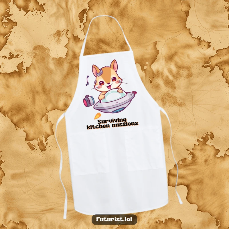 Funny squirrel apron, a determined cybernetic squirrel piloting a miniature flying saucer, perfect for kitchen adventures with sci-fi humor.