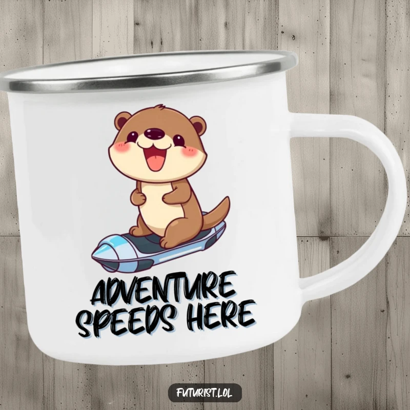 Funny camping mug featuring a cheerful otter with a joyful grin, riding a futuristic hoverboard, perfect for outdoor adventures.