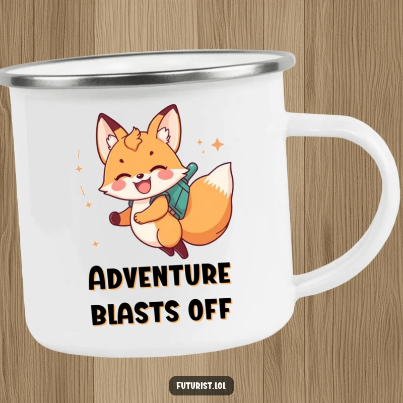 Funny fox cub on a jetpack, leaving stardust, on an enamel camping mug for outdoor use.