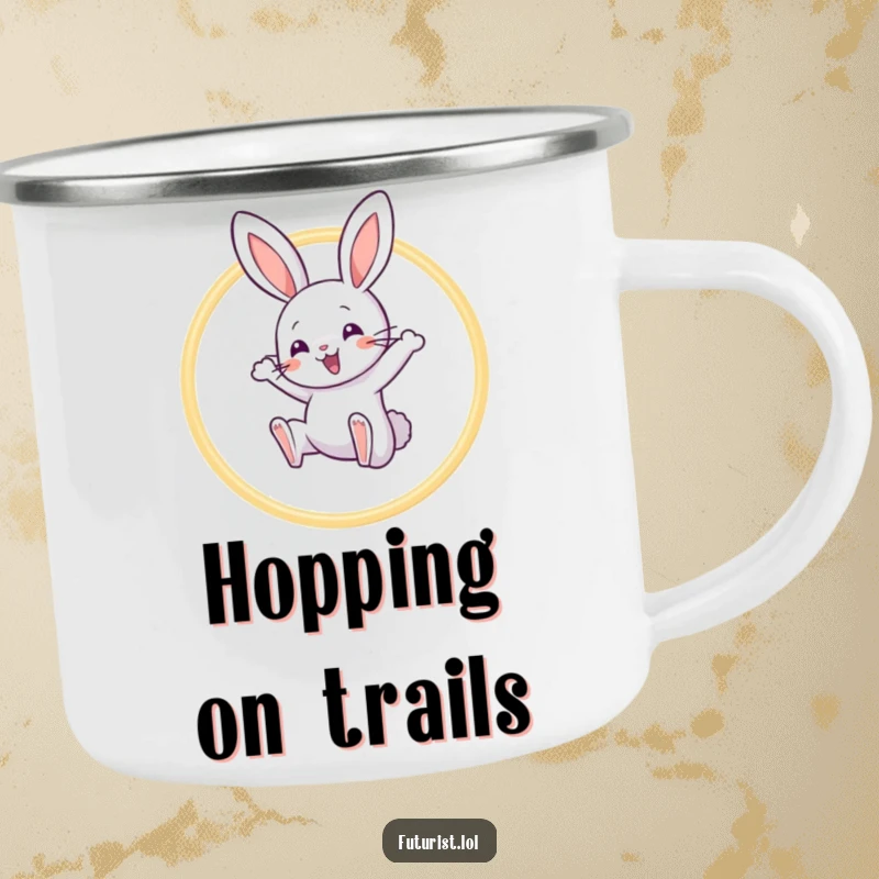 Funny Rabbit Acrobat Camping Mug: A playful rabbit character joyfully leaps through a hoop of light beams, ideal for funny outdoor sips.