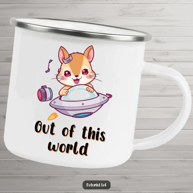 Funny squirrel camping mug, a determined cybernetic squirrel piloting a miniature flying saucer, perfect for outdoor adventures with sci-fi humor.