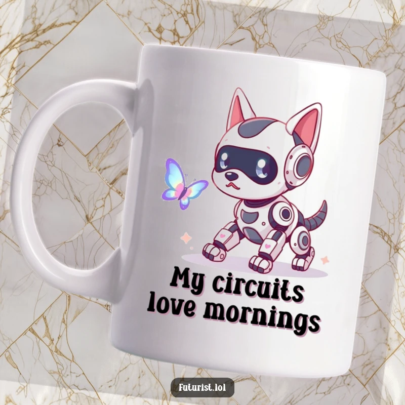 Funny robot dog mug, a playful robot dog with glowing antennae, joyfully chasing a delicate holographic butterfly, brimming with tech-inspired humor.