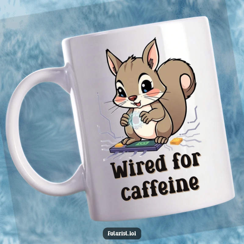 Funny Squirrel Genius Mug: A determined squirrel character uses tiny agile paws to manipulate glowing circuits with intense focus.