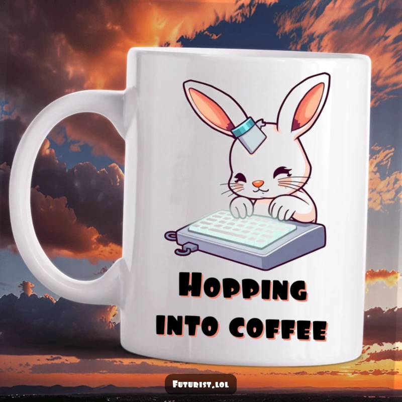 Funny rabbit mug, a curious rabbit with metallic accents, typing furiously on a glowing keyboard, embodying busy, humorous energy.