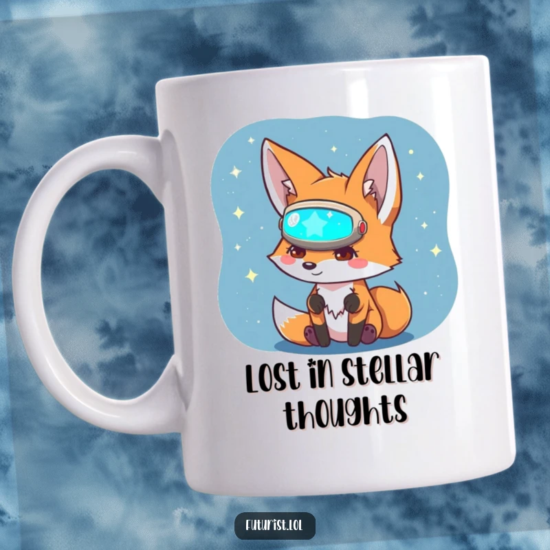 Funny Fox Sci-Fi Mug featuring a curious fox character in a glowing visor, examining a holographic star map with wonder.