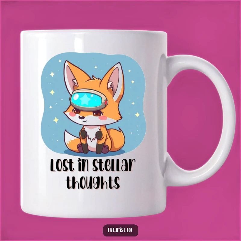 Funny Fox Sci-Fi Explorer Mug: A Curious Character Peering at Star Maps, Perfect Gift