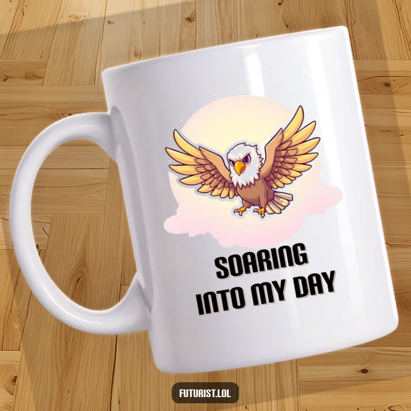Funny Eagle Freedom Mug: A majestic eagle character with outstretched wings soars gracefully through a vibrant, neon-tinted sky.