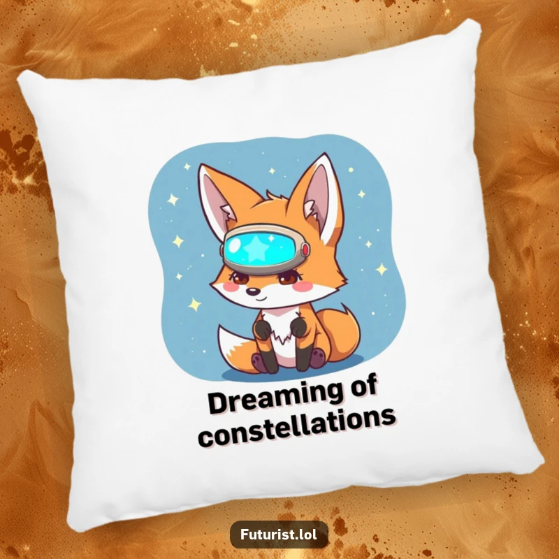 Funny Fox Sci-Fi Pillow: Features a curious fox character with a visor gazing at a holographic star map, promoting funny cosmic dreams.