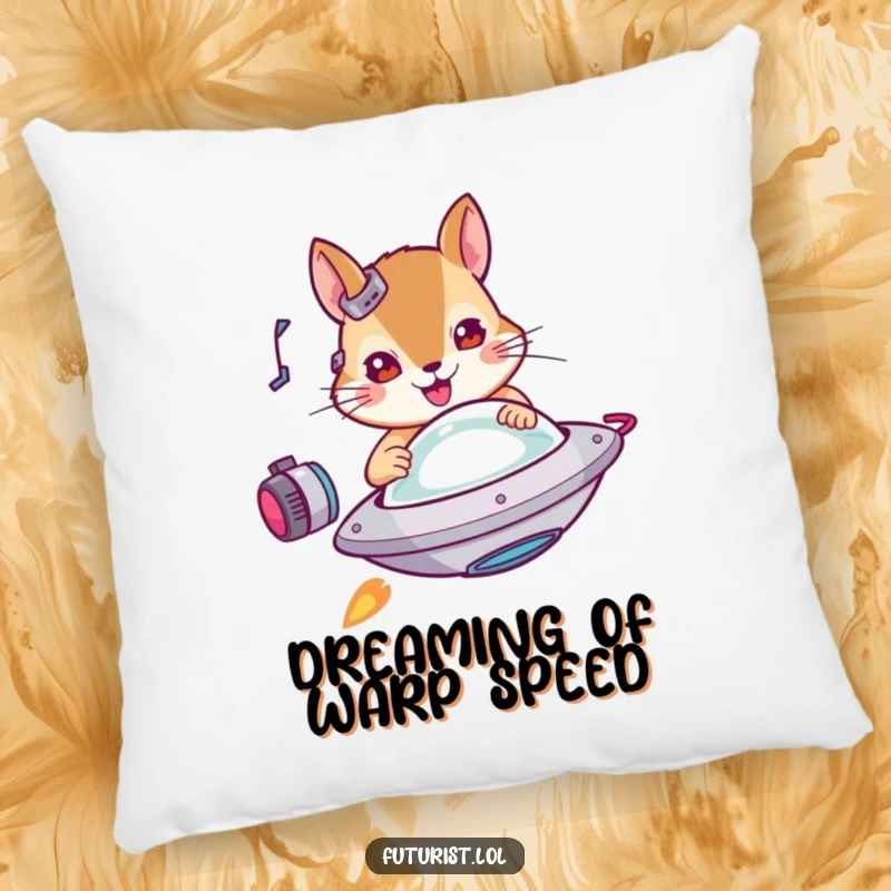 Funny squirrel pillow, a determined cybernetic squirrel piloting a miniature flying saucer, offering cozy space humor.