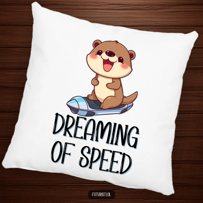 Funny pillow showcasing a cheerful otter with a joyful grin, riding a futuristic hoverboard, perfect for adding a touch of whimsy.