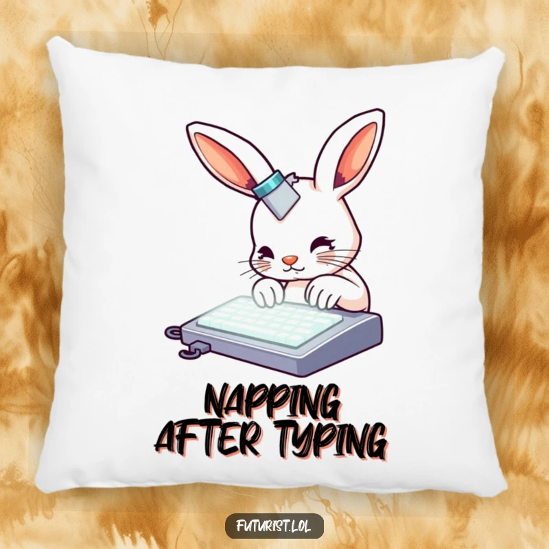 Funny rabbit pillow, a curious rabbit with metallic accents typing on a glowing keyboard, offering cozy typing humor.