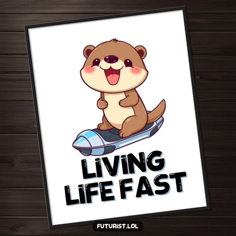 Funny digital art print of a cheerful otter with a joyful grin, riding a sleek, futuristic hoverboard, symbolizing fun and speed.