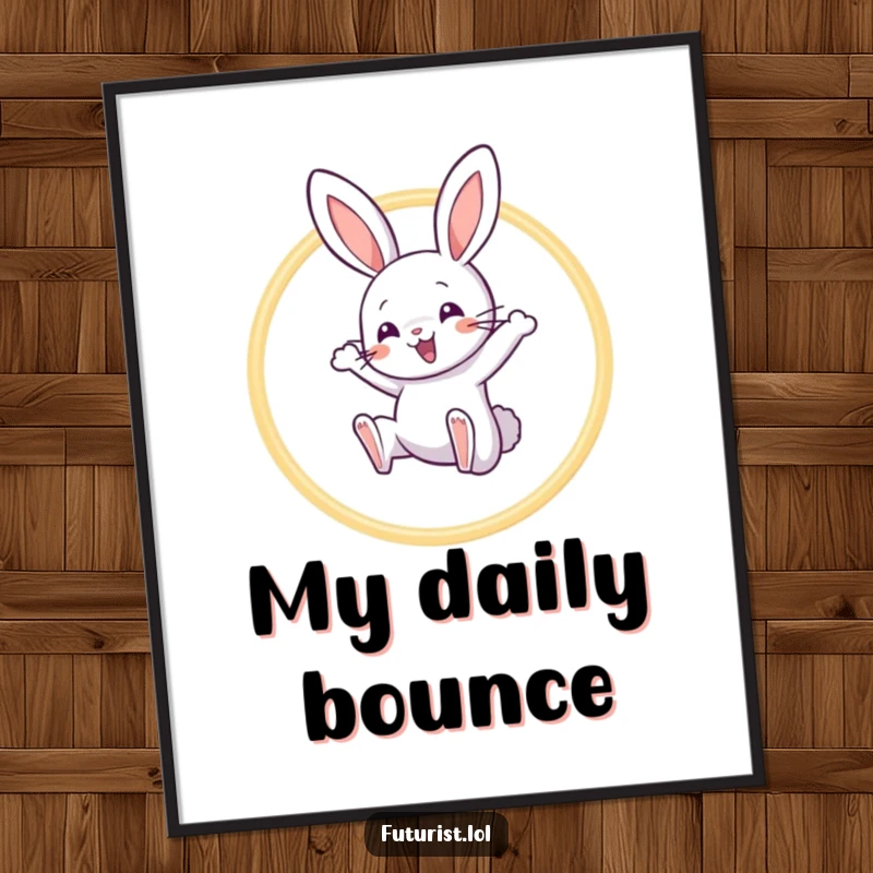 Funny Rabbit Acrobat Digital Art Print: A playful rabbit character leaps joyfully through a hoop made of light beams, a funny celebration of movement.