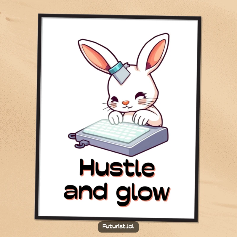 Funny rabbit digital art print, a curious rabbit with metallic accents typing rapidly on a glowing keyboard, bringing typing humor to decor.