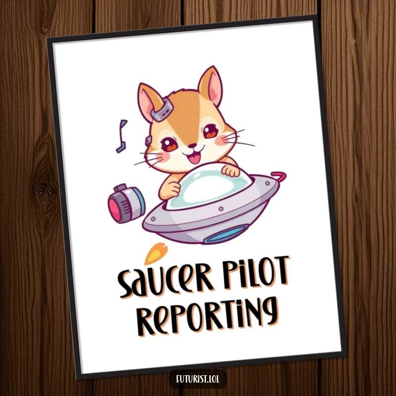 Funny squirrel digital art print, a determined cybernetic squirrel piloting a miniature flying saucer, bringing sci-fi humor to decor.