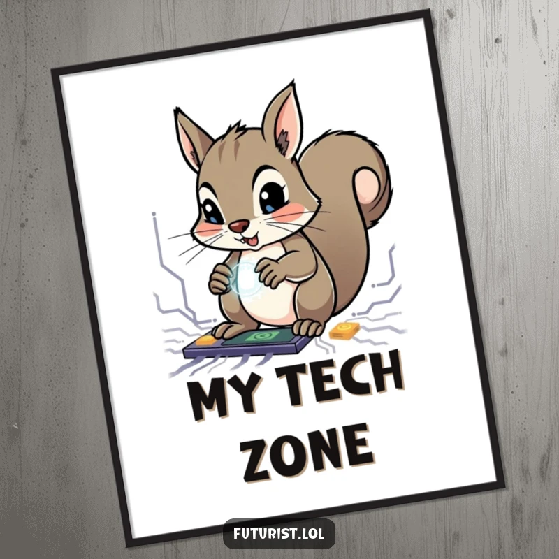 Funny Squirrel Genius Digital Art Print: A determined squirrel character manipulates glowing circuits with tiny paws, a funny display of engineering.