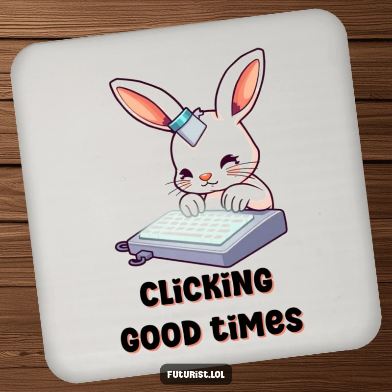 Funny rabbit coaster, a curious rabbit with metallic accents typing on a glowing keyboard, adding humorous typing protection.