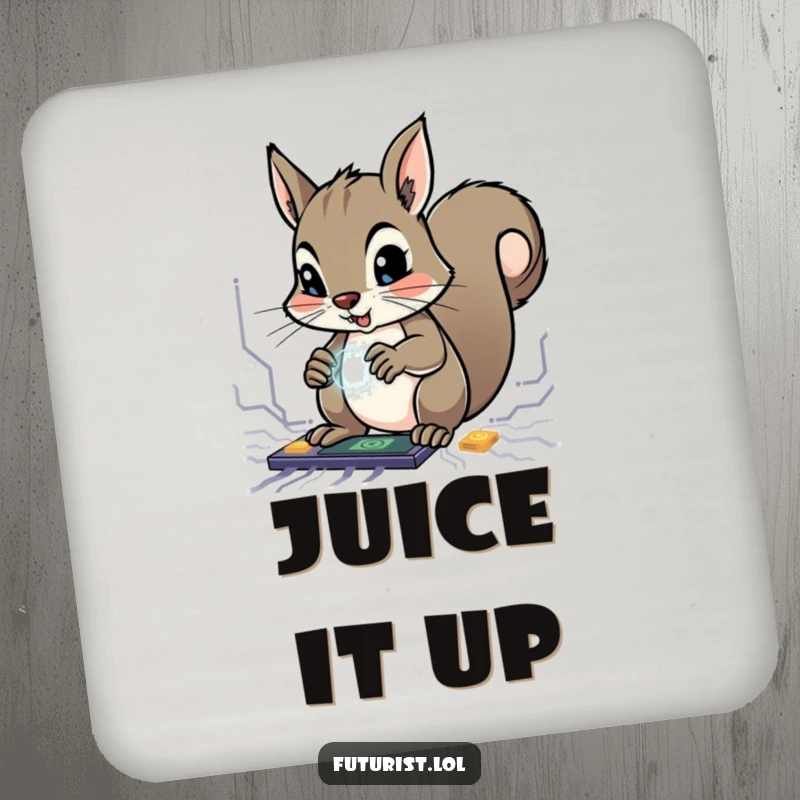 Funny Squirrel Genius Coaster: A determined squirrel character manipulates glowing circuits with tiny paws, a funny protector against spills.