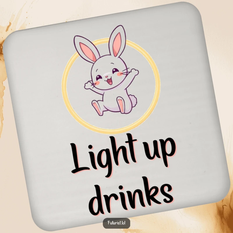 Funny Rabbit Acrobat Coaster: A playful rabbit character leaps through a hoop of light beams, a funny protector for your drinks.