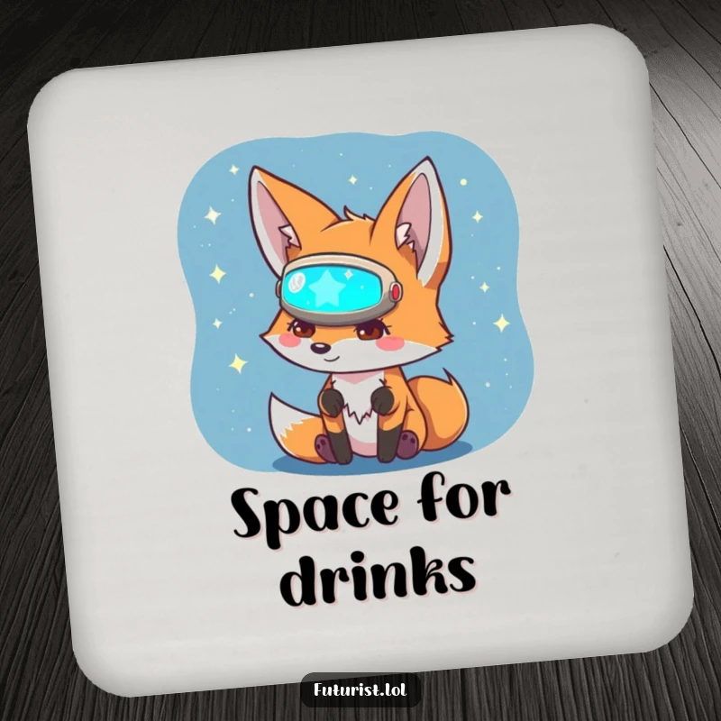 Funny Fox Sci-Fi Coaster: A curious fox character in a visor examines a holographic star map, preventing funny drink spills.
