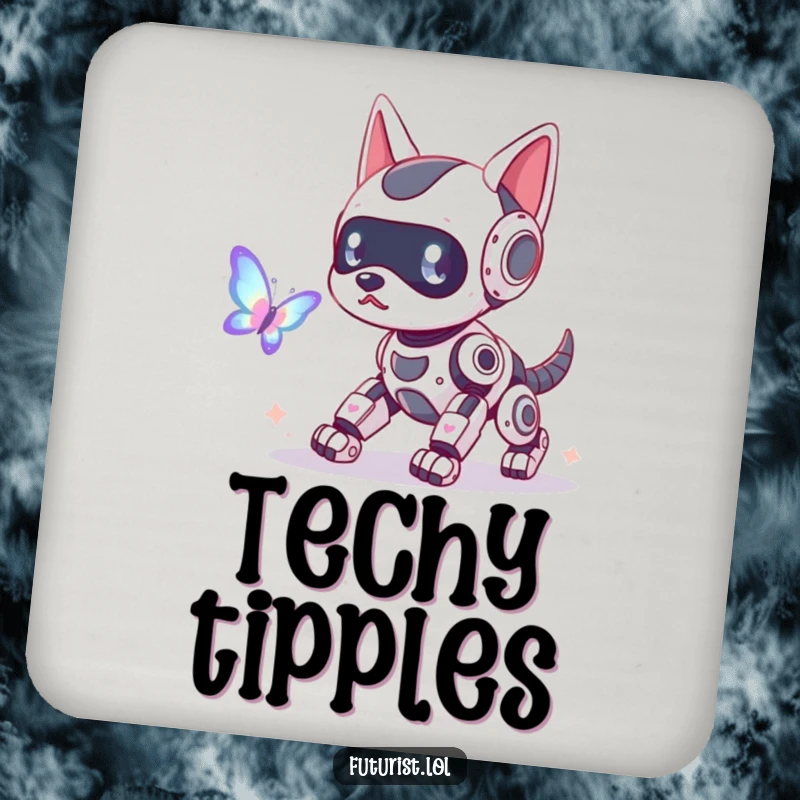 Funny robot dog coaster, a playful robot dog with glowing antennae chasing a holographic butterfly, adding humorous tech protection.