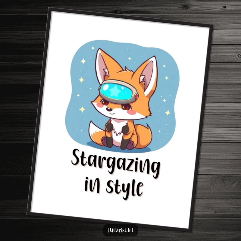 Funny Fox Sci-Fi Poster: A curious fox character wearing a visor examines a glowing holographic star map, depicting a funny cosmic journey.