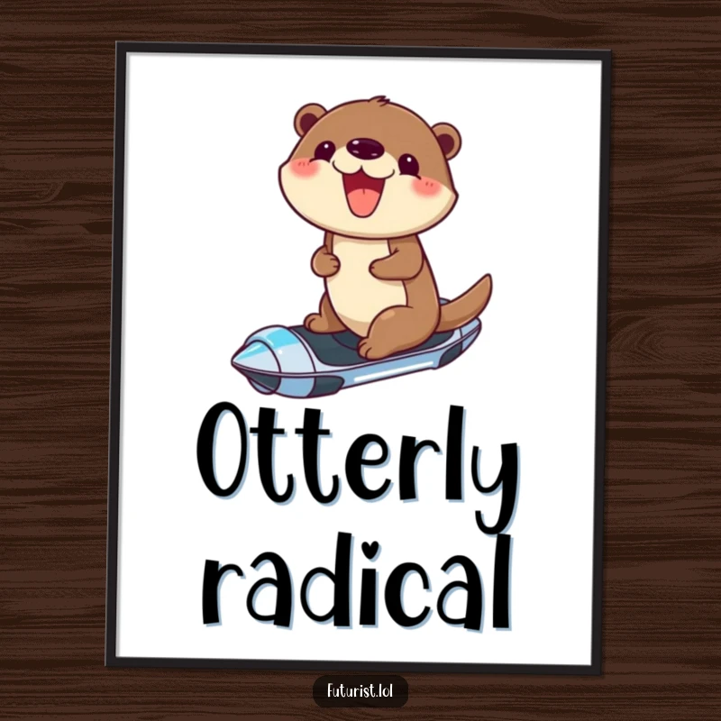 Funny poster of a cheerful otter with a wide grin, riding a sleek, futuristic hoverboard, embodying fun and forward motion.