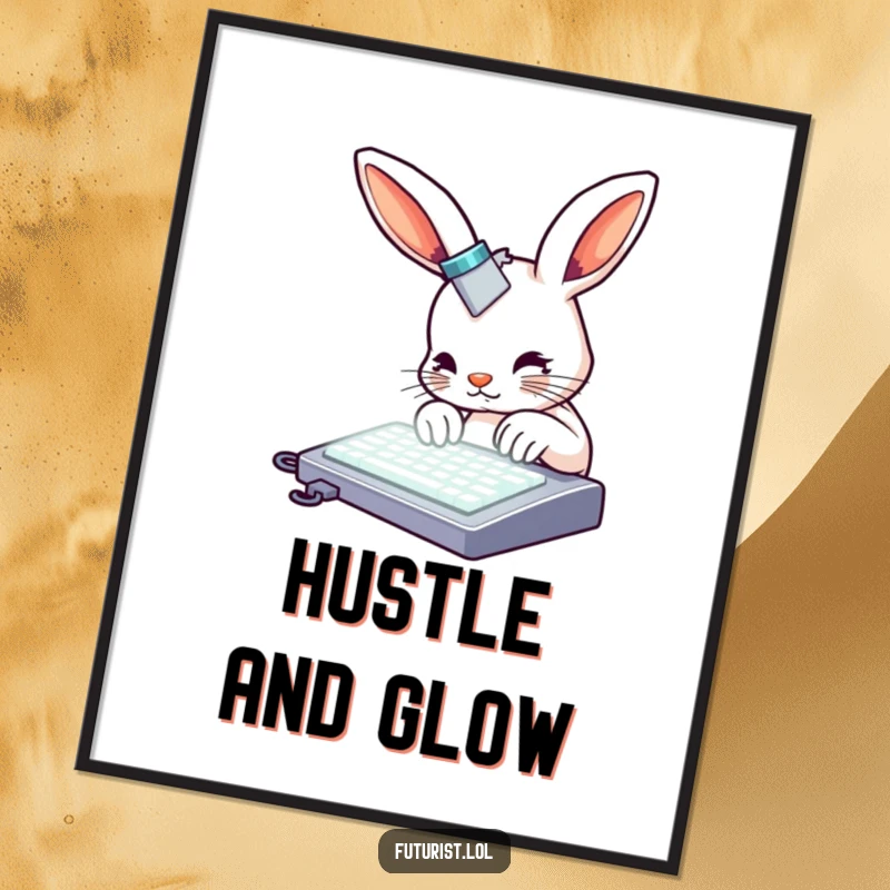 Funny rabbit poster, a curious rabbit with metallic accents typing rapidly on a glowing keyboard, capturing humorous productivity and focus.