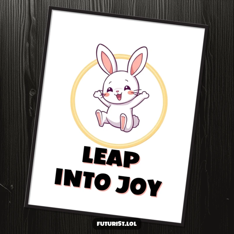 Funny Rabbit Acrobat Poster: A playful rabbit character mid-leap through a hoop made of vibrant light beams, showcasing funny agility.