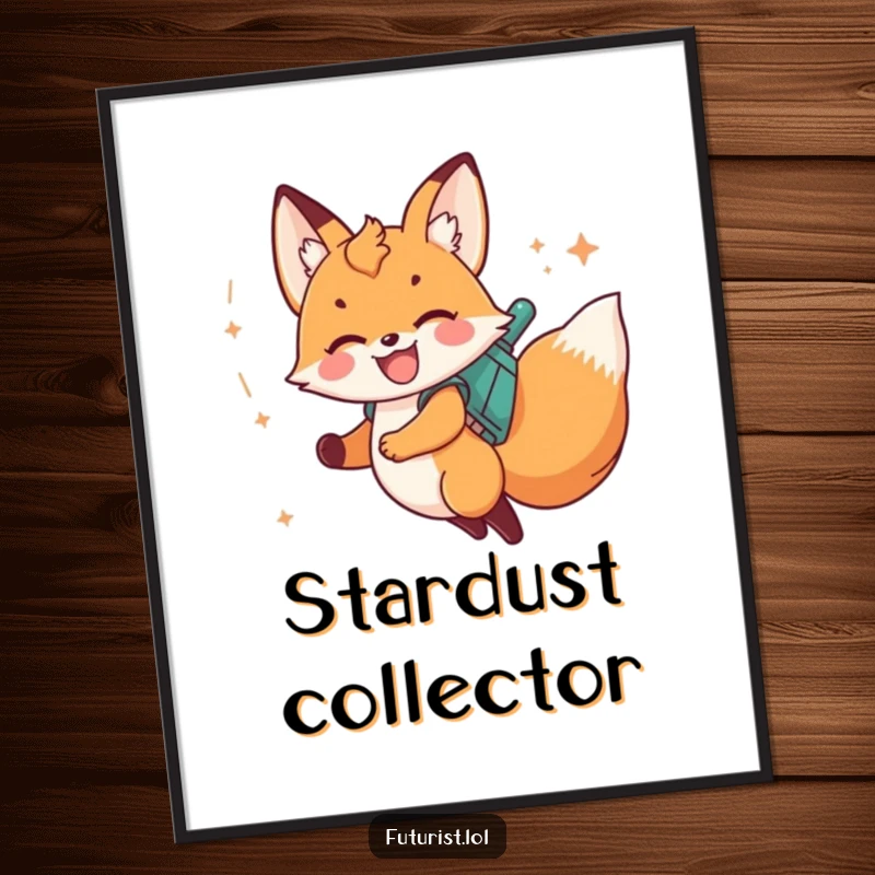Funny fox cub rocketing on a jetpack with a stardust trail, framed as a humorous wall poster.