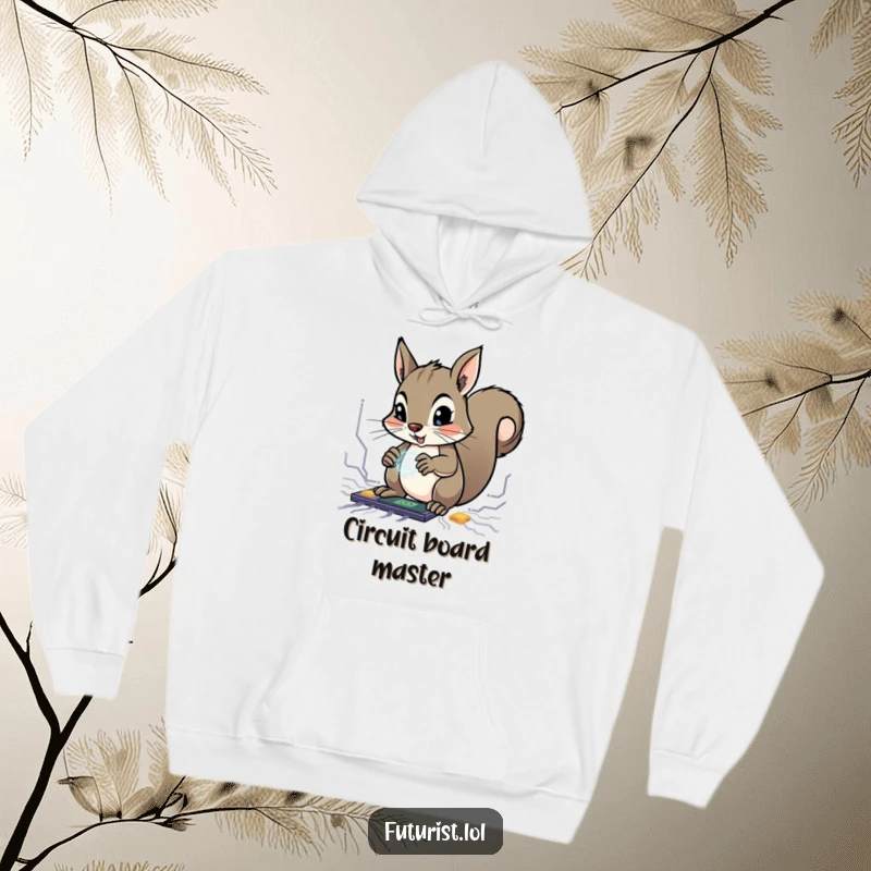Funny Squirrel Genius Hoodie: A determined squirrel character uses its tiny paws to manipulate glowing circuits, a funny and cozy genius outfit.