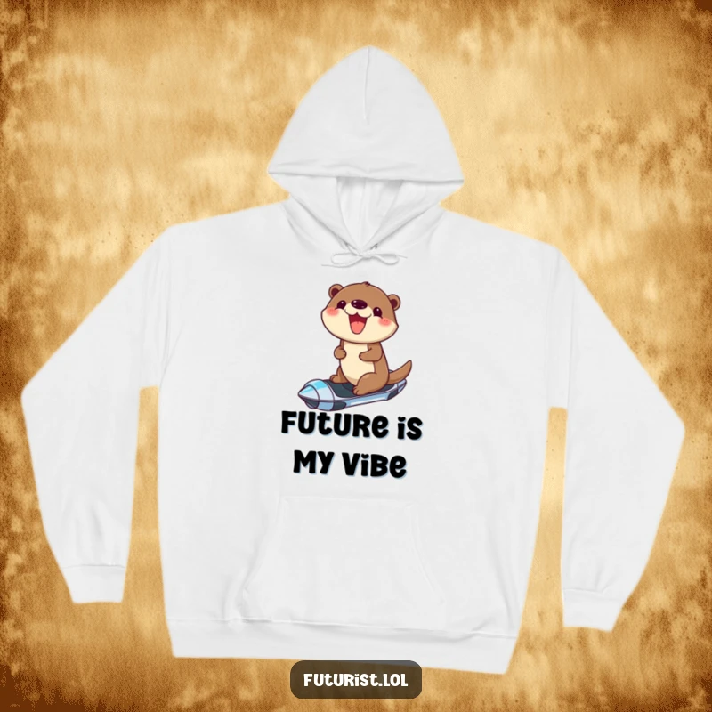 Funny hoodie featuring a cheerful otter with a joyful grin, riding a sleek hoverboard, perfect for staying warm and stylish.