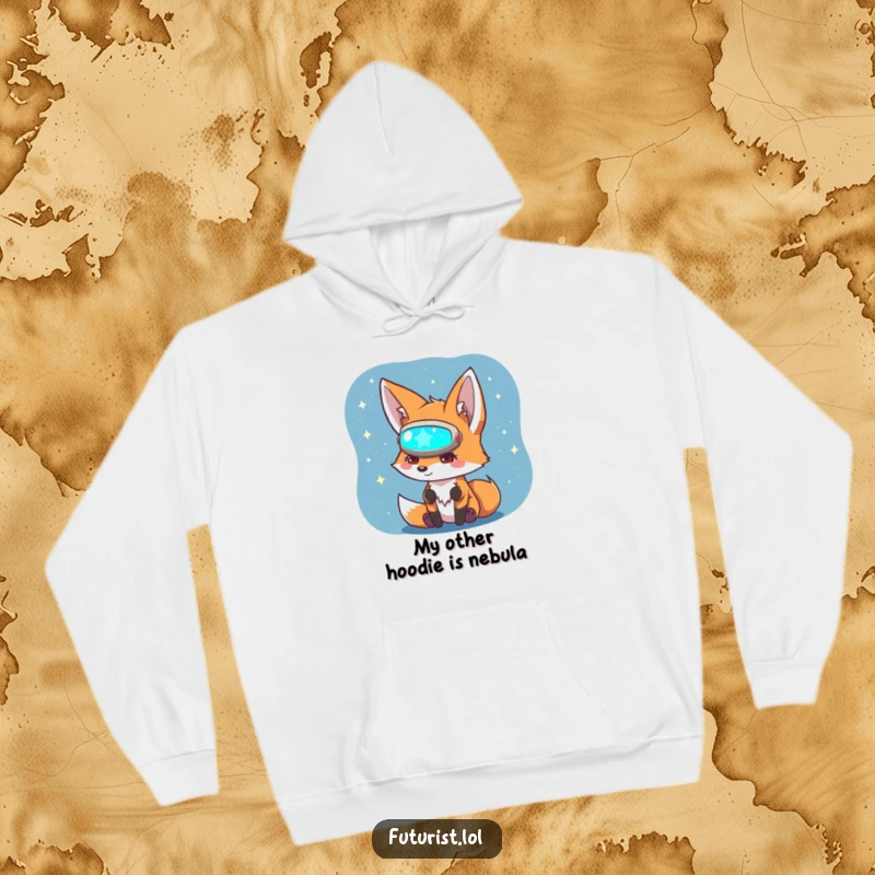 Funny Fox Sci-Fi Hoodie: A curious fox character in a visor studies a holographic star map, ideal for cozy, funny exploration.