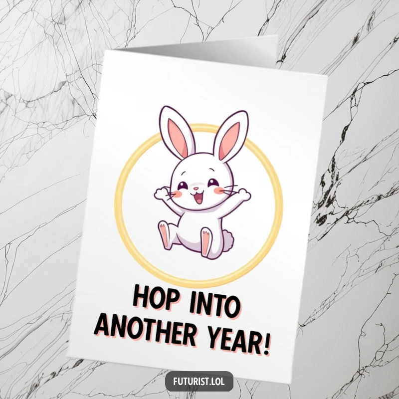 Funny Free Printable Birthday Card: Playful rabbit happily leaping through a hoop made of light beams.