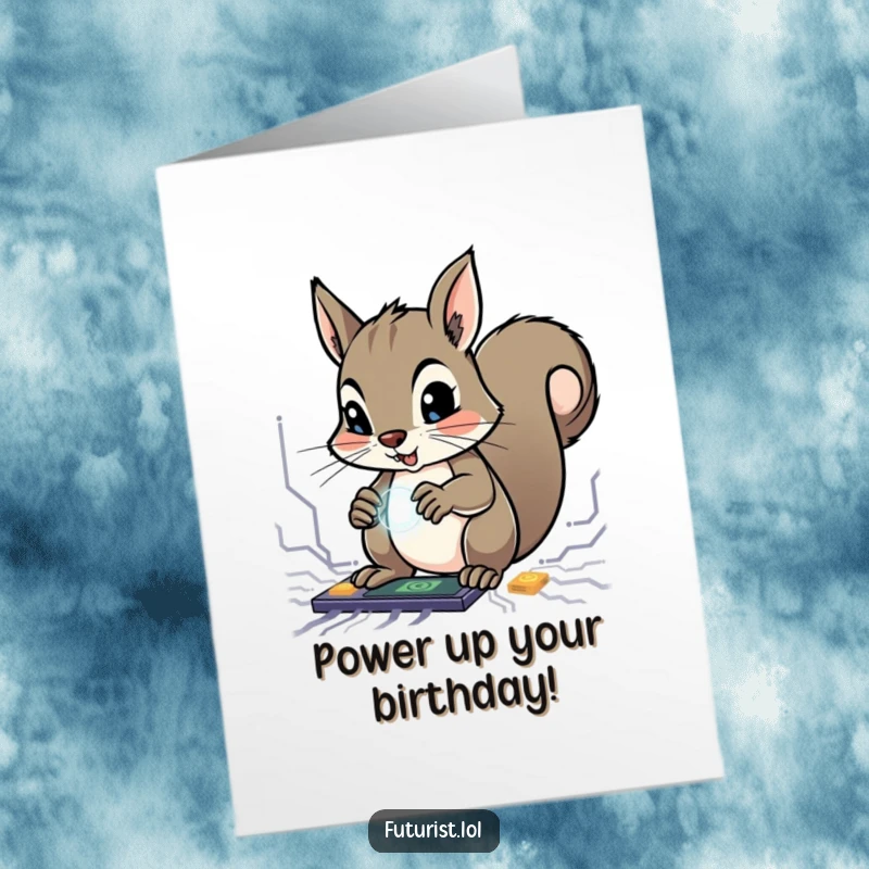 Funny Free Printable Birthday Card: Determined squirrel with agile paws working on glowing circuits.