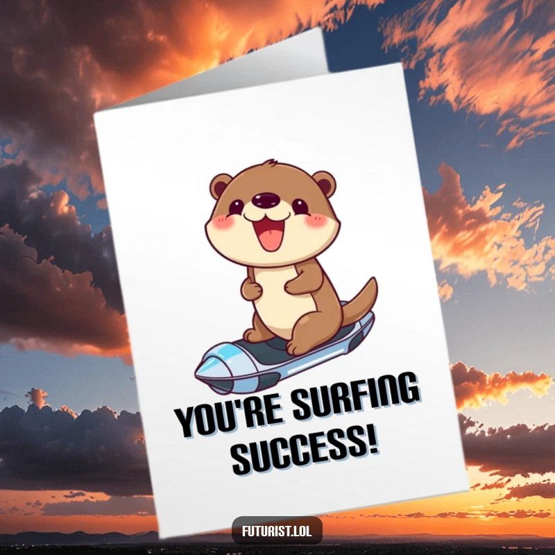 Funny Free Printable Congrats Card: Cheerful otter on a hoverboard with a grin, celebrating success, a dynamic downloadable gift.