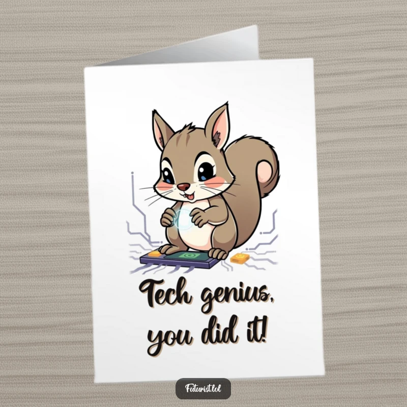 Funny Free Printable Congrats Card: Determined squirrel successfully manipulating glowing circuits, celebrating achievement.