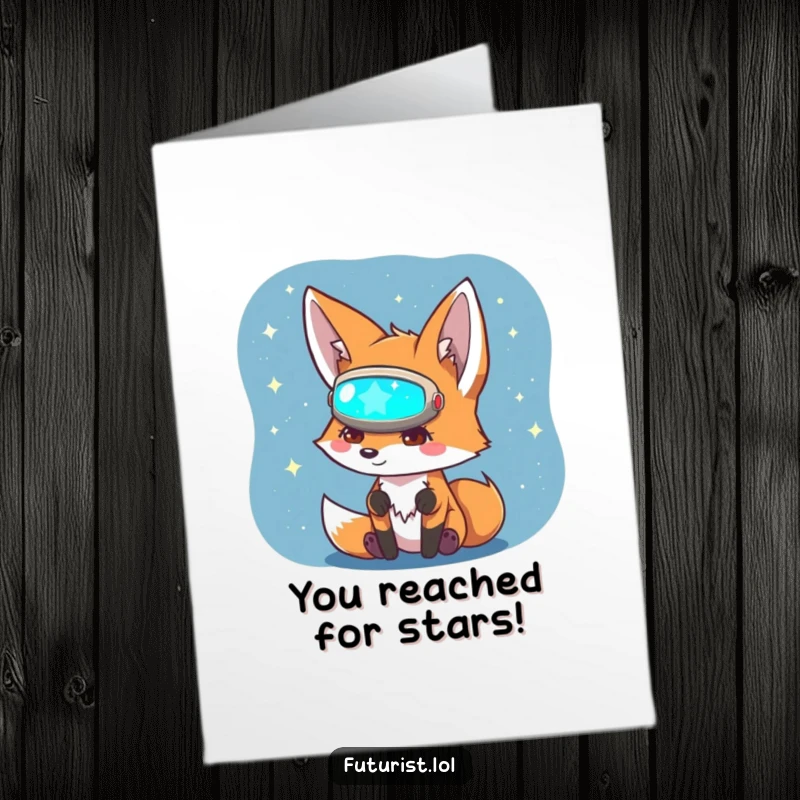 Funny Free Printable Congrats Card: Curious fox in visor gazes at holographic star map, celebrating success.