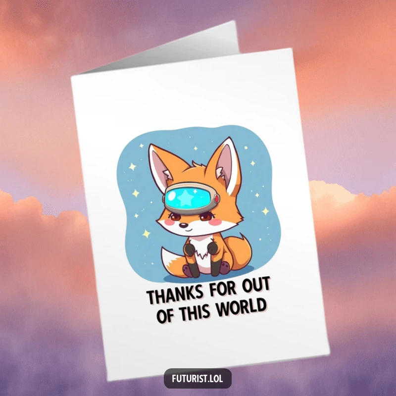 Funny Free Printable Thank You Card: Curious fox with visor looking at star map, expressing gratitude.