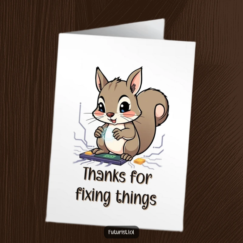 Funny Free Printable Thank You Card: Determined squirrel working on glowing circuits, sending thanks.