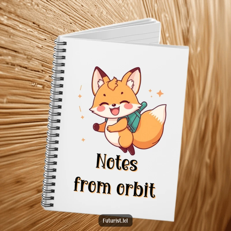 Funny fox cub riding a jetpack with stardust, on the cover of a notebook for writing.