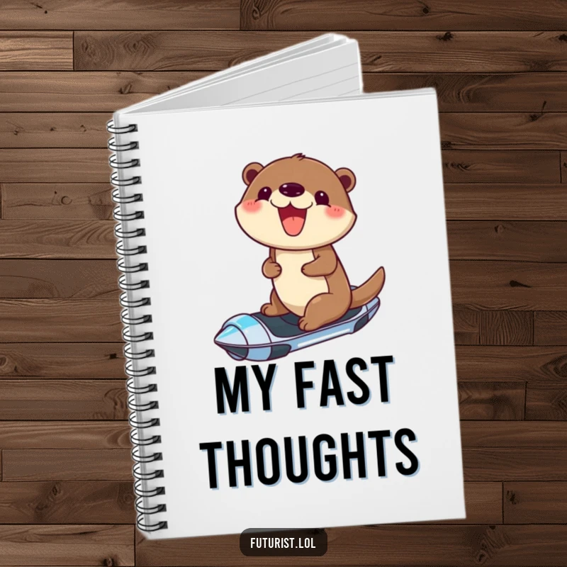Funny notebook featuring a cheerful otter with a joyful grin, riding a futuristic hoverboard, perfect for capturing fast ideas.