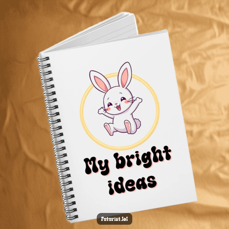 Funny Rabbit Acrobat Notebook: A playful rabbit character leaps through a hoop of light beams, perfect for funny notes and creative doodles.