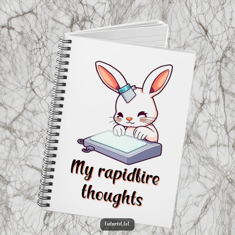 Funny rabbit notebook, a curious rabbit with metallic accents typing on a glowing keyboard, ideal for jotting ideas humorously.