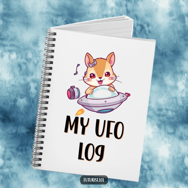 Funny squirrel notebook, a determined cybernetic squirrel piloting a miniature flying saucer, ideal for jotting sci-fi ideas humorously.